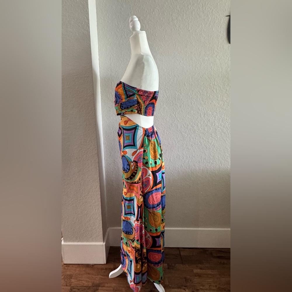SWF Murano Asymmetrical strapless Cut Out retro printed Maxi Dress Size XS - Picture 5 of 9